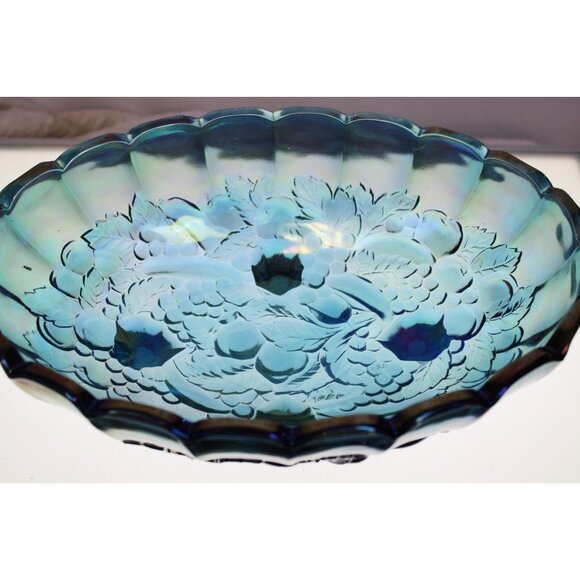 VTG Indiana Carnival Glass Blue Grapes Footed Harvest Fruit Bowl Iridescent - Picture 7 of 10